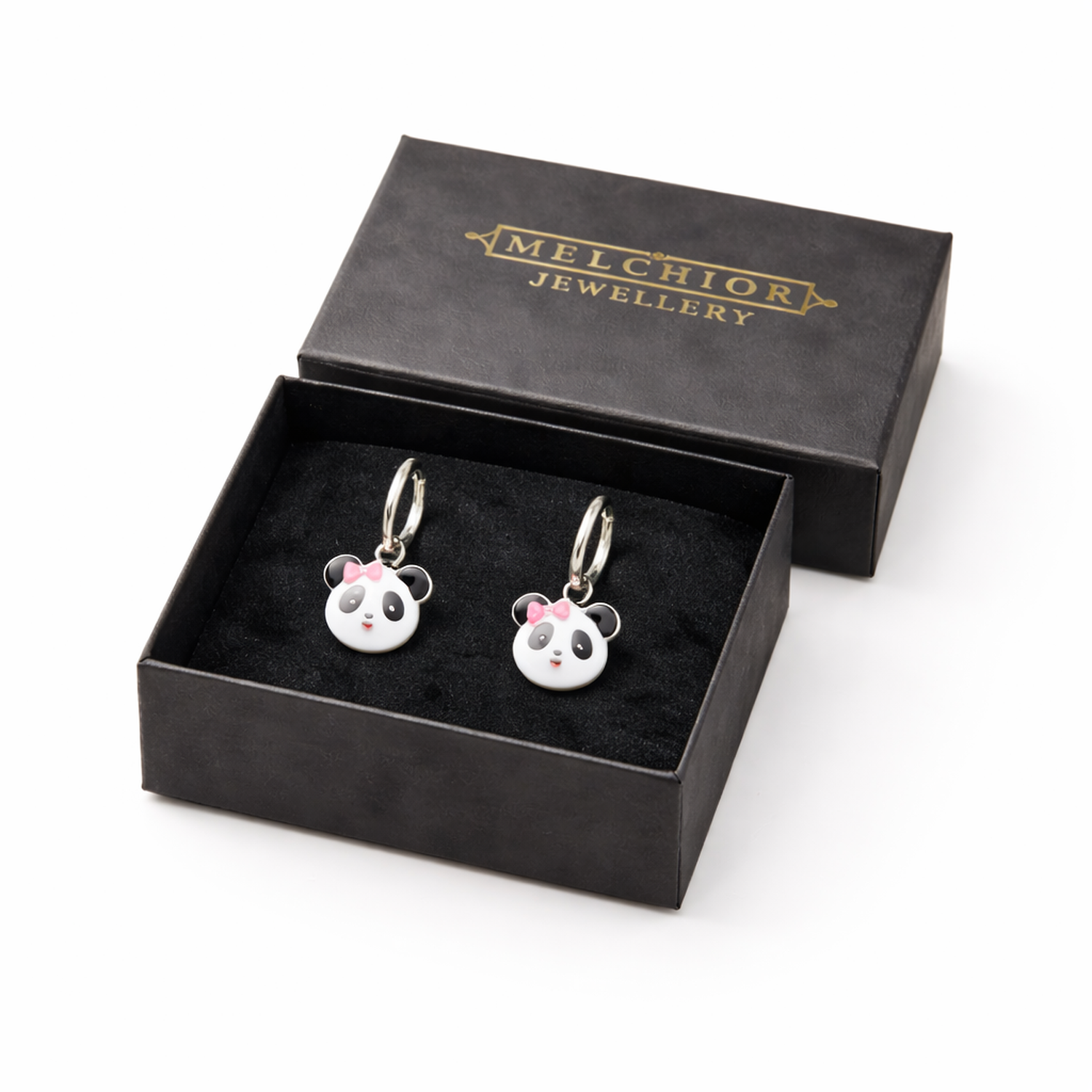 Melchior Jewellery panda bear earrings for girls in black box with pink bow detail