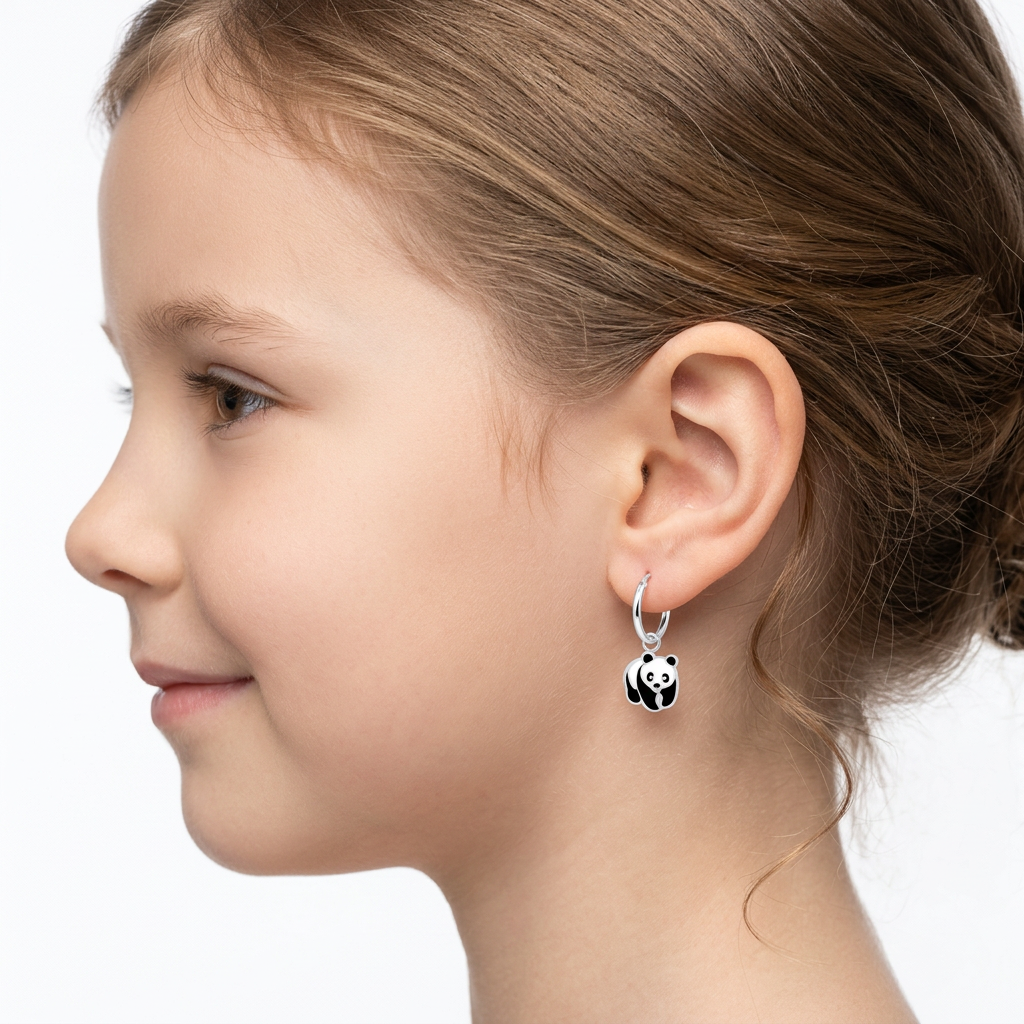 sterling silver panda bear earrings for girls worn by child showing black and white design
