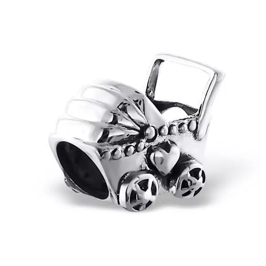Melchior Jewellery silver charm bead shaped like a baby pram with heart detail pandora compatible baby pram bead