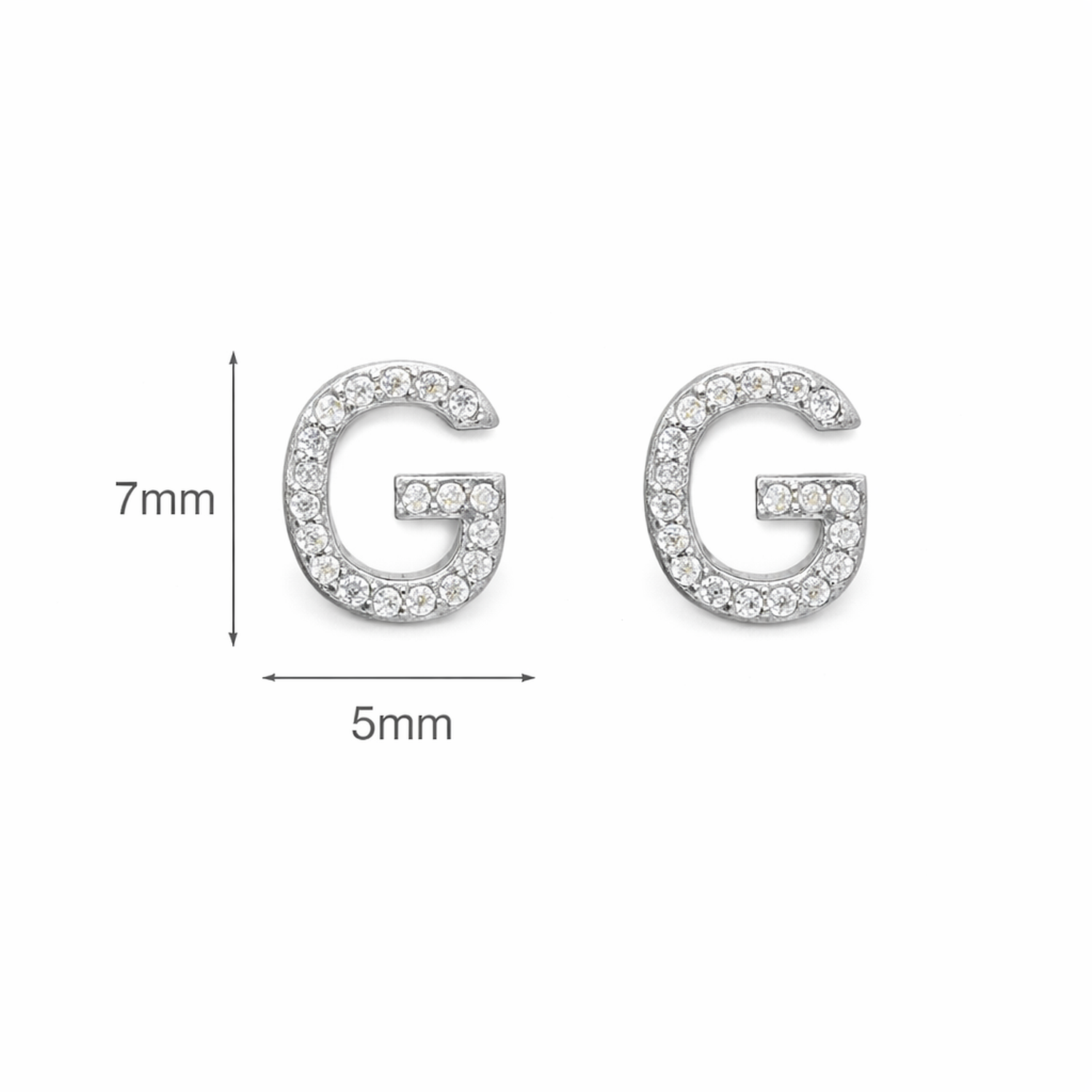 Silver pave crystal letter G stud earrings measuring 7mm by 5mm with sparkling clear stones