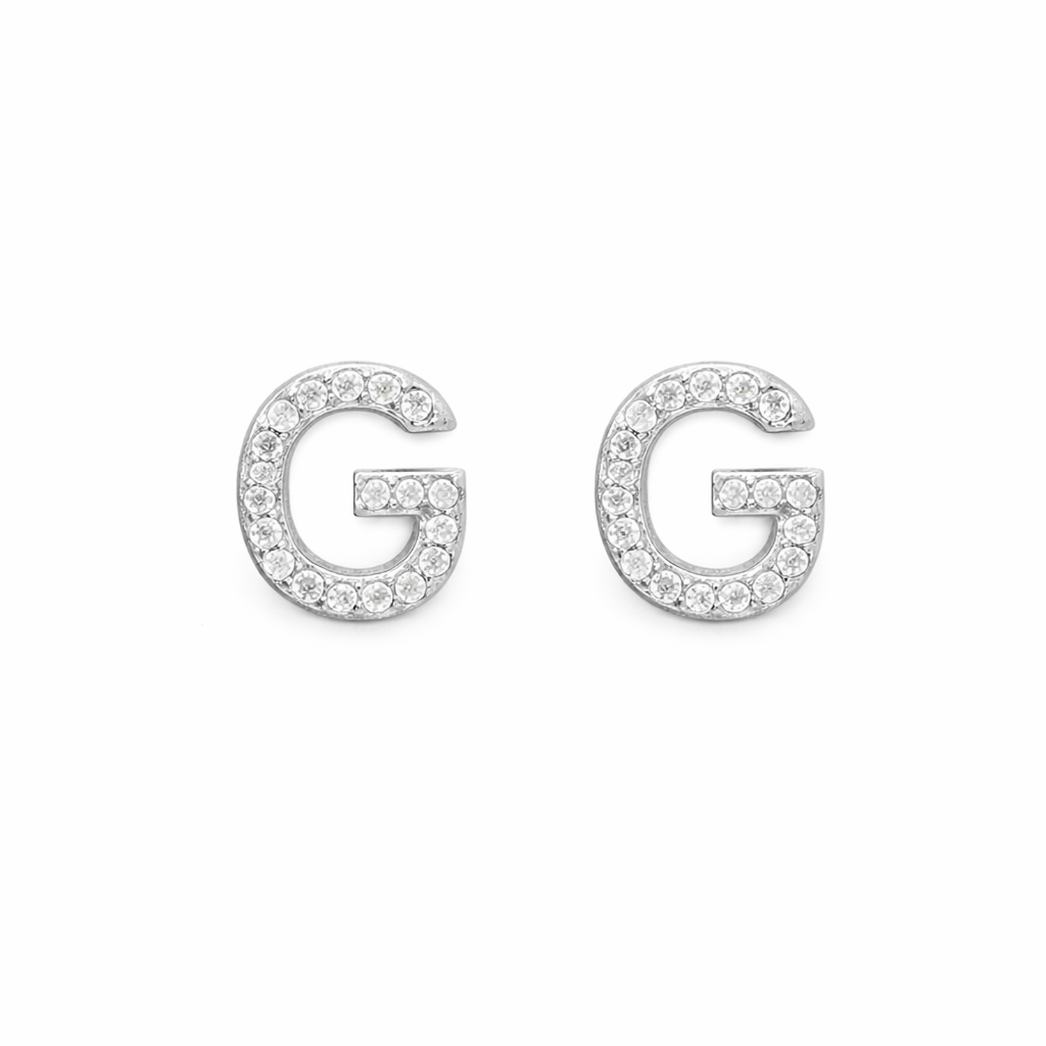 Silver Melchior Jewellery pave crystal letter G stud earrings with clear sparkling crystals