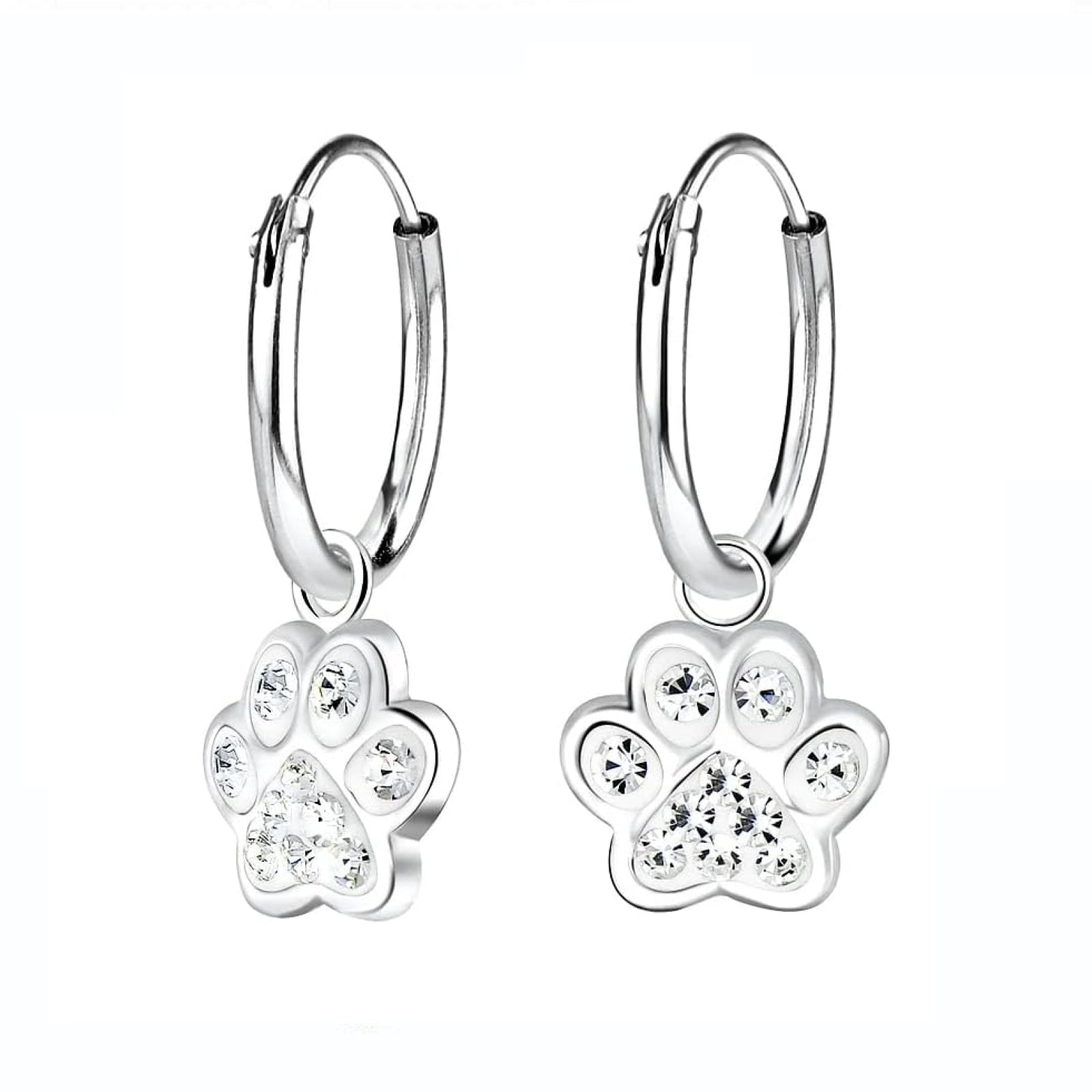 Melchior Jewellery silver hoop paw print earrings for girls with sparkling crystal details