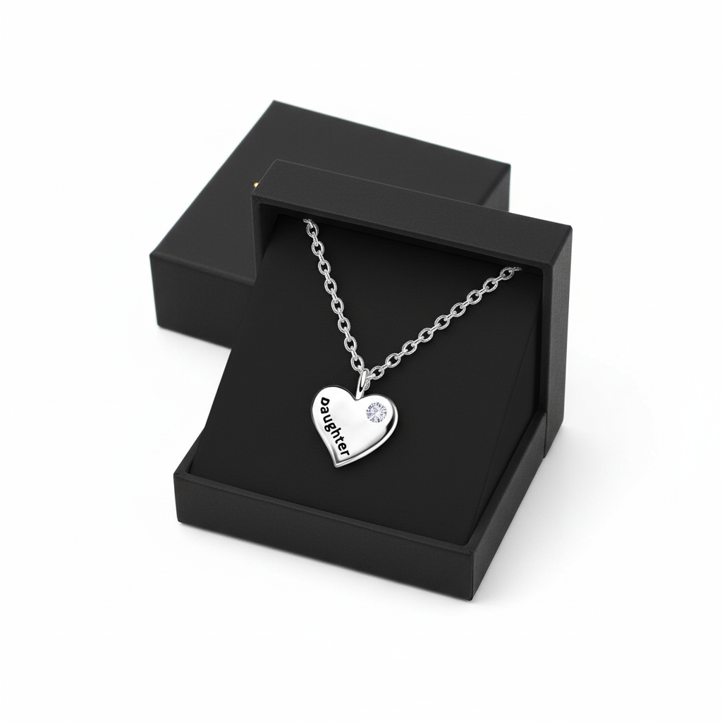 Melchior Jewellery personalised silver heart pendant with diamond detail in a personalised daughter necklace gift box