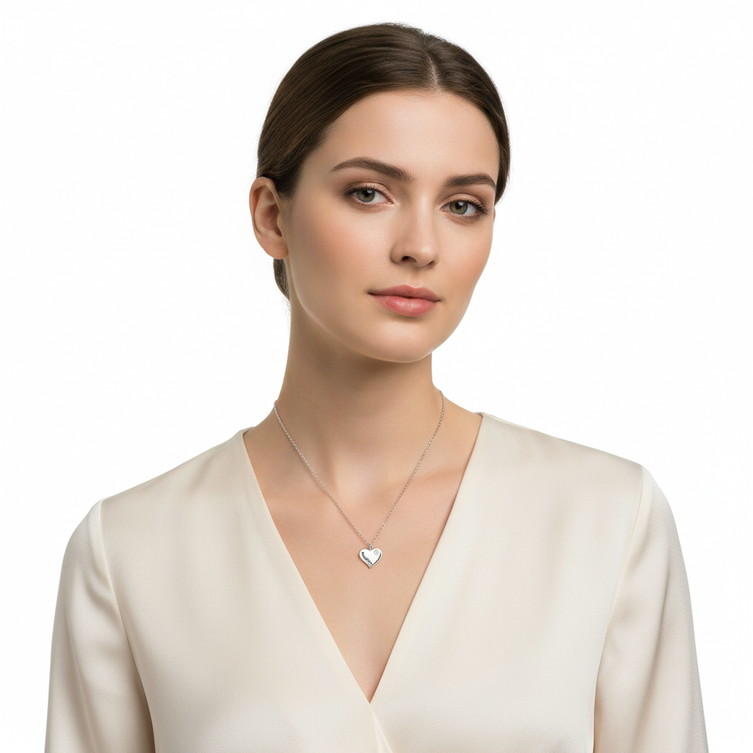 Melchior Jewellery personalized daughter necklace heart pendant worn by woman in cream blouse