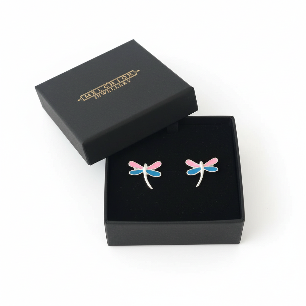 Pink and blue dragonfly stud earrings for kids in black Melchior Jewellery box