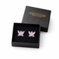 Pink butterfly screw back earrings for kids displayed in a black Melchior Jewellery gift box