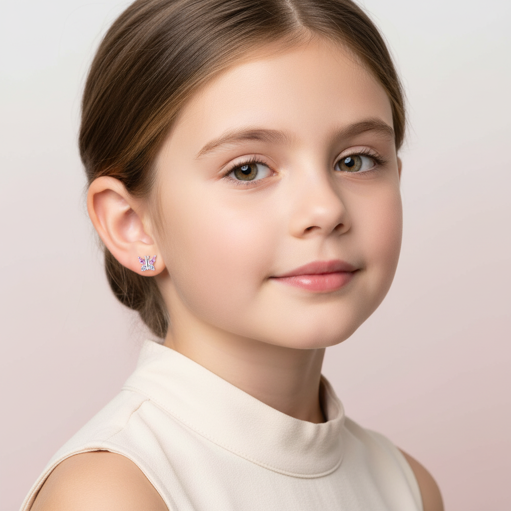 Young girl wearing pink butterfly screw back earrings for kids from Melchior Jewellery