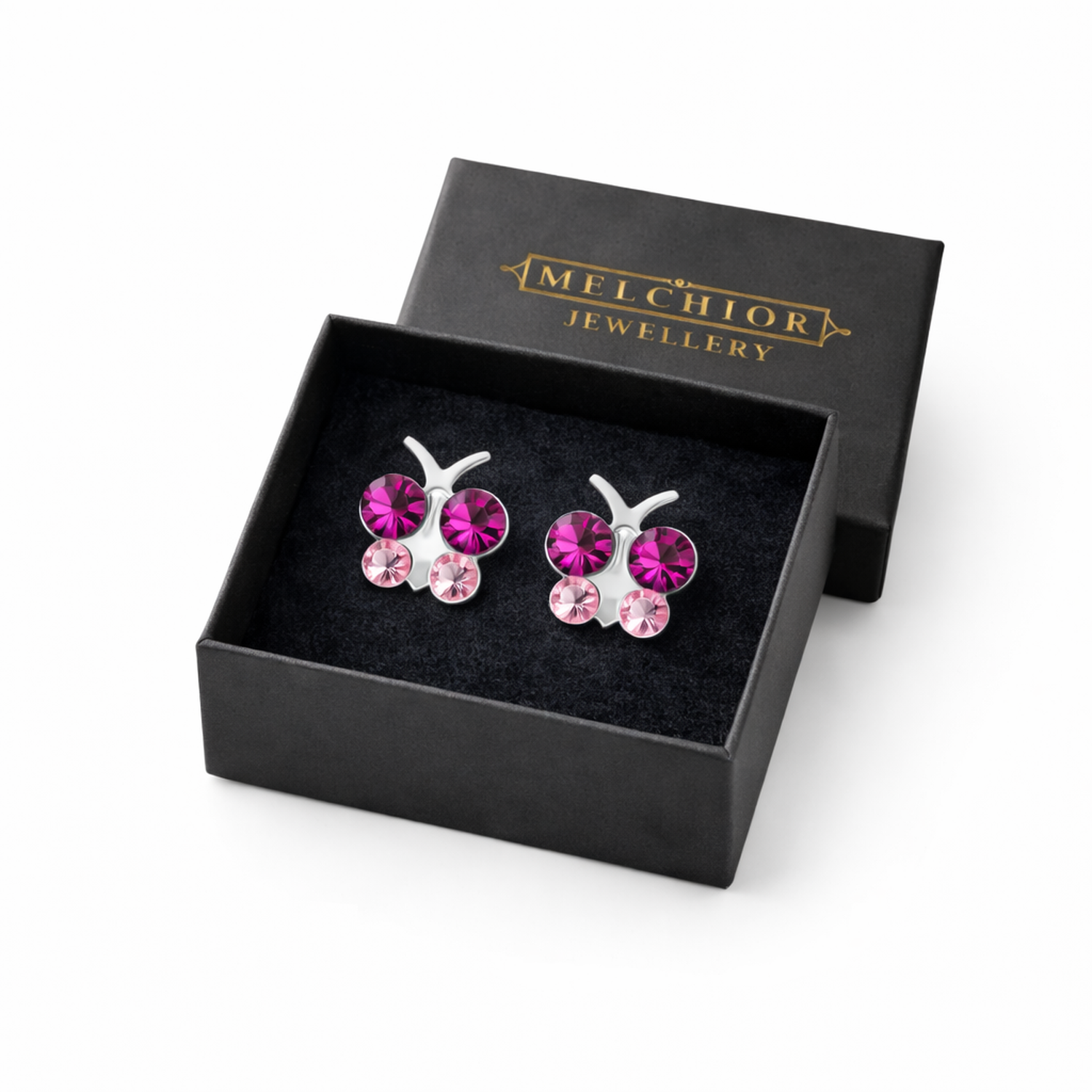 Melchior Jewellery pink butterfly stud earrings for kids with vibrant pink gemstones in a black box