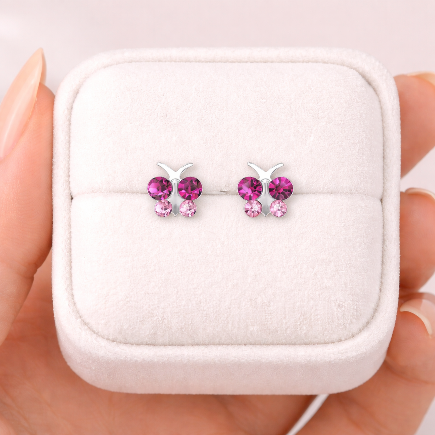 Melchior Jewellery pink butterfly stud earrings for kids with purple and pink stones in silver setting