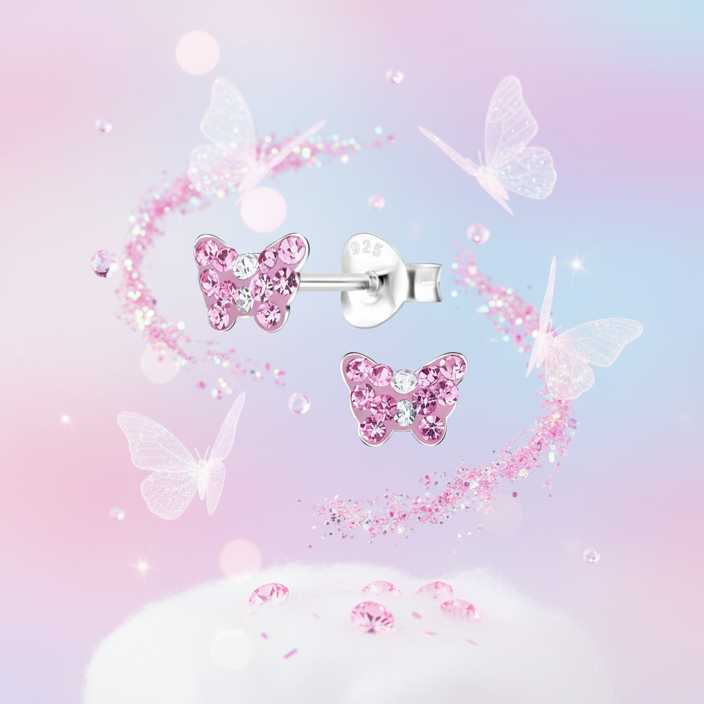Melchior Jewellery pink butterfly stud earrings for kids with sparkling crystals on silver posts