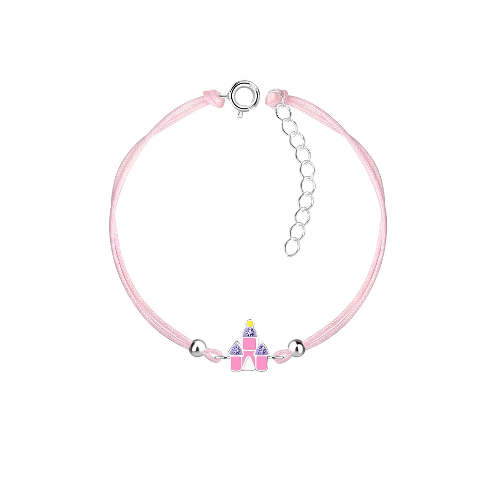 Melchior Jewellery pink castle bracelet for kids with adjustable pink cord and silver clasp