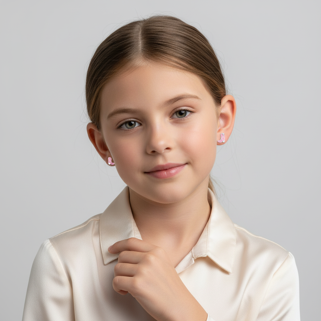 Young girl wearing pink cowboy boots stud earrings from Melchior Jewellery in a cream blouse