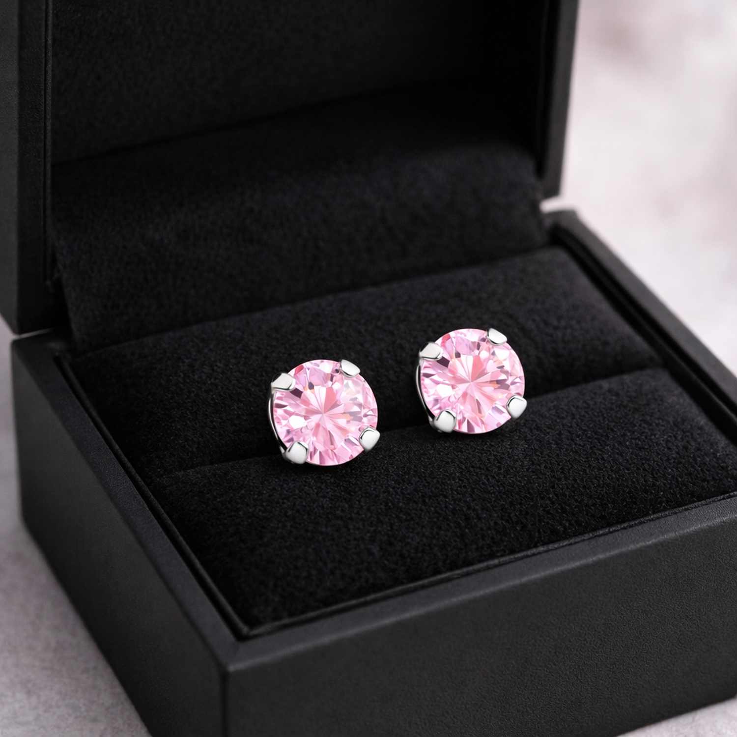 Pink crystal earrings for girls by Melchior Jewellery displayed in black velvet jewellery box