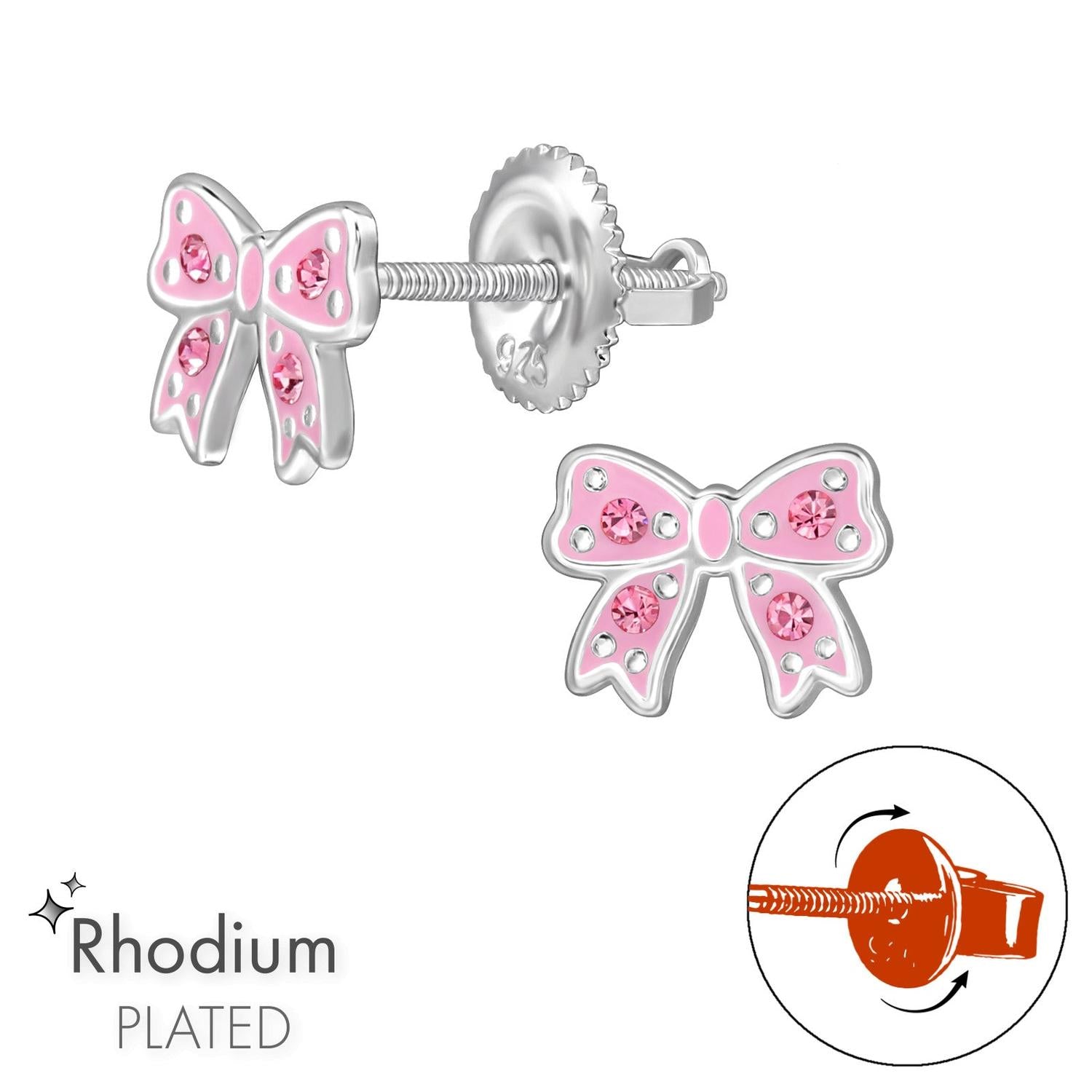 Melchior Jewellery pink crystal screw back earrings for girls shaped like delicate pink enamel bows with sparkling crystals