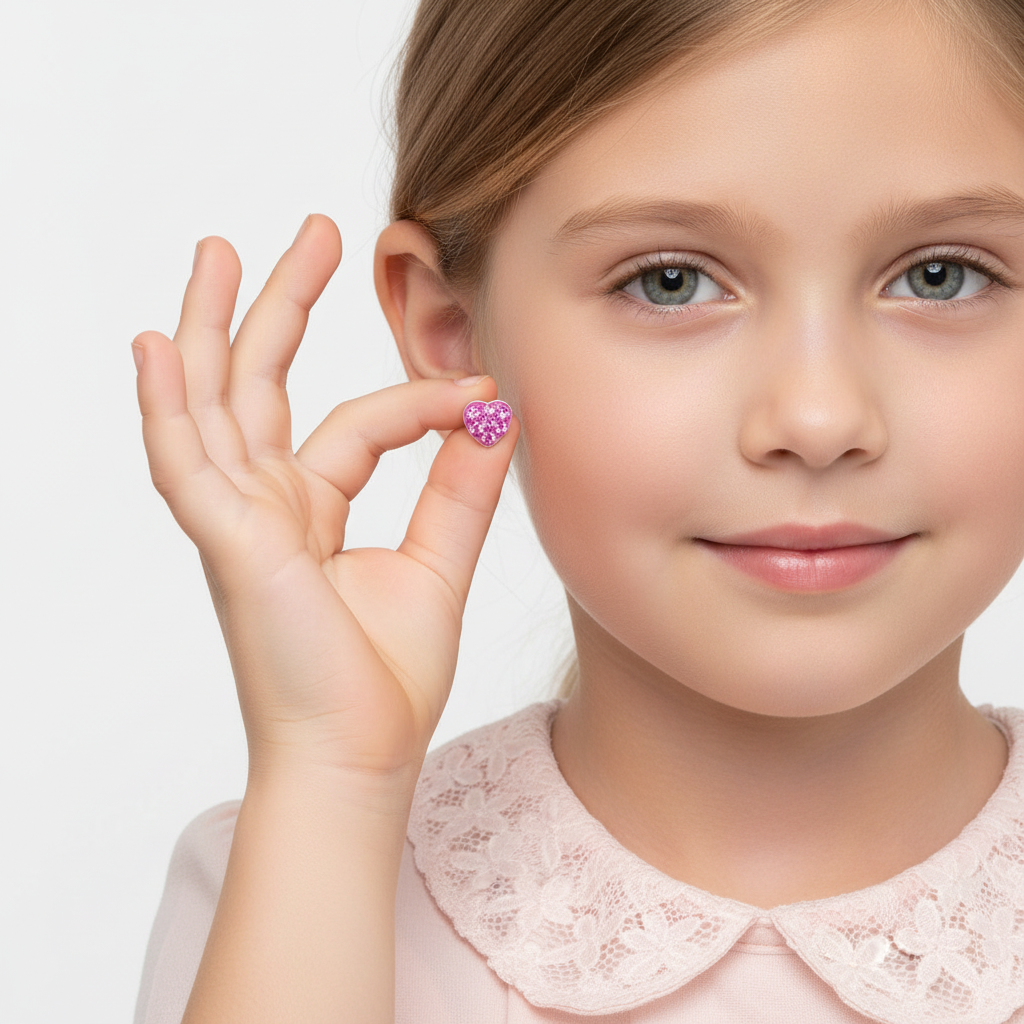 Pink crystal screw back earrings for kids held by a girl wearing a pink lace collar dress