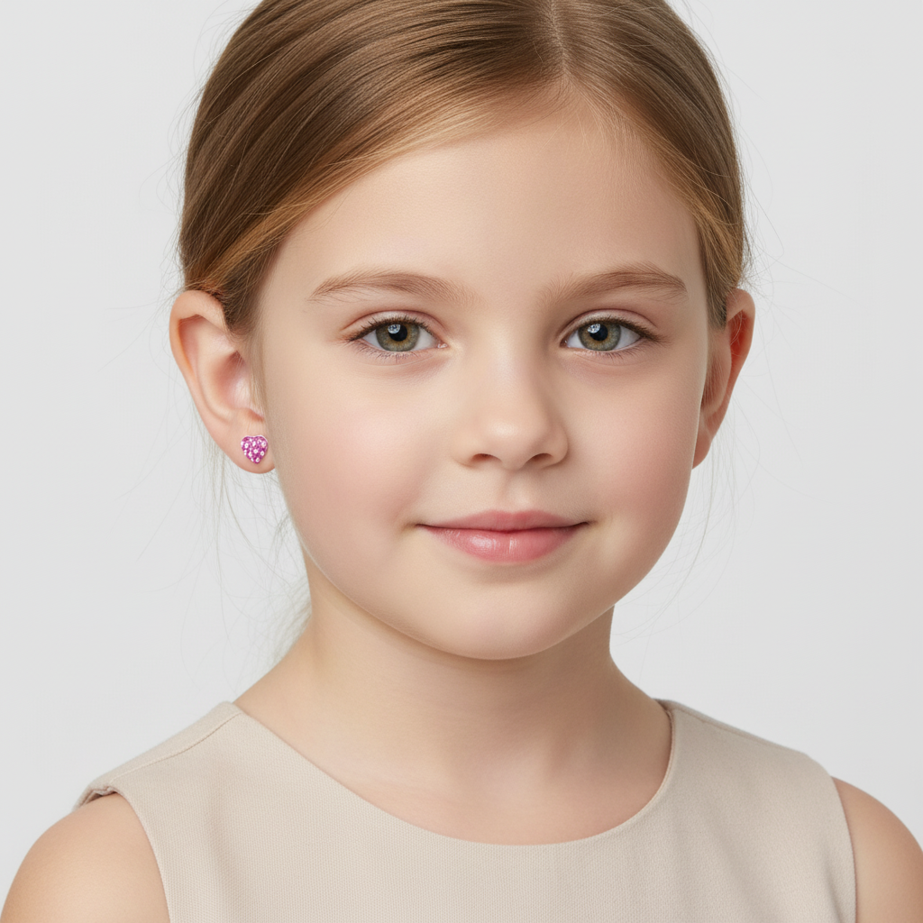 Melchior Jewellery pink crystal screw back earrings for kids worn by young girl with beige top
