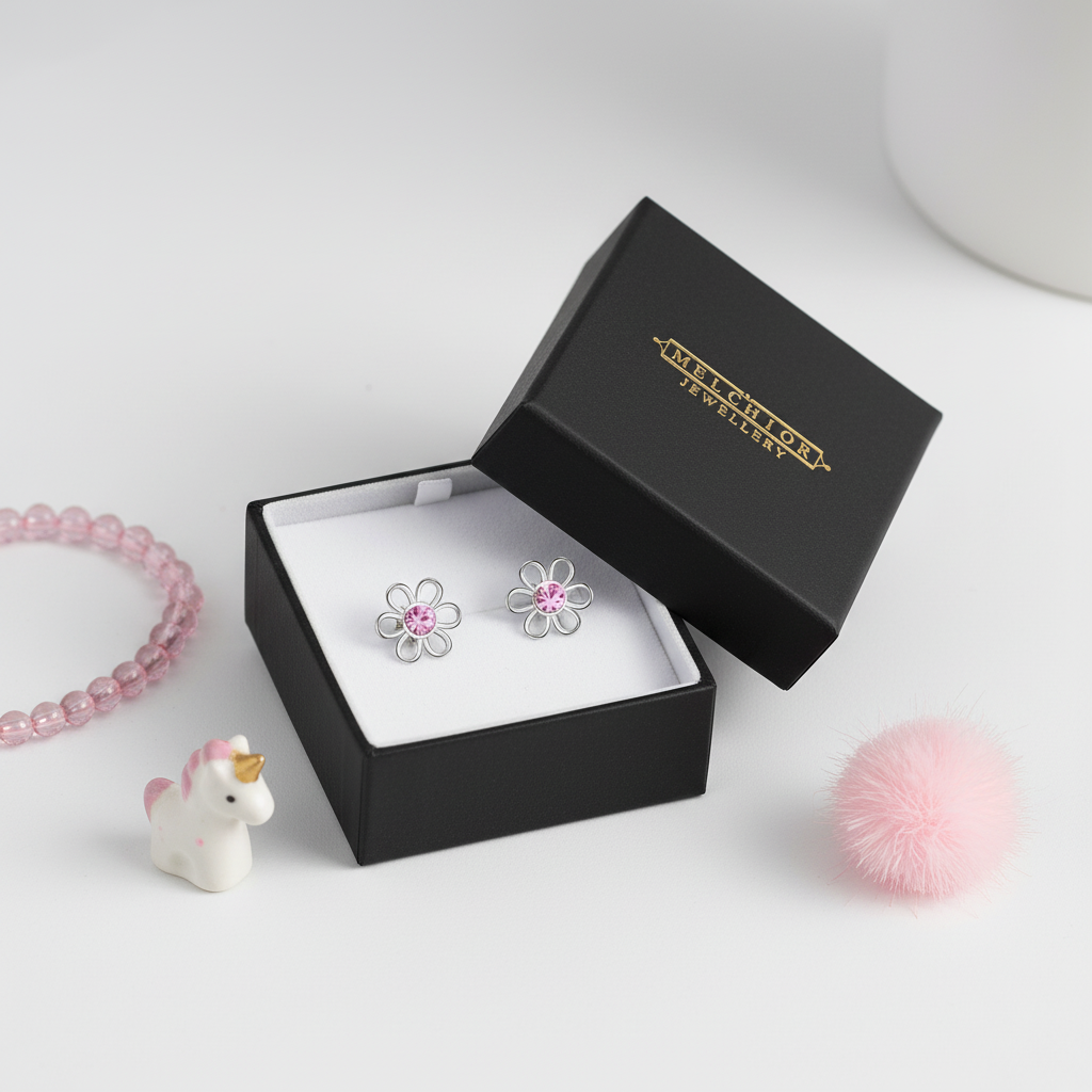 Melchior Jewellery pink crystal stud earrings for girls in flower design presented in black box