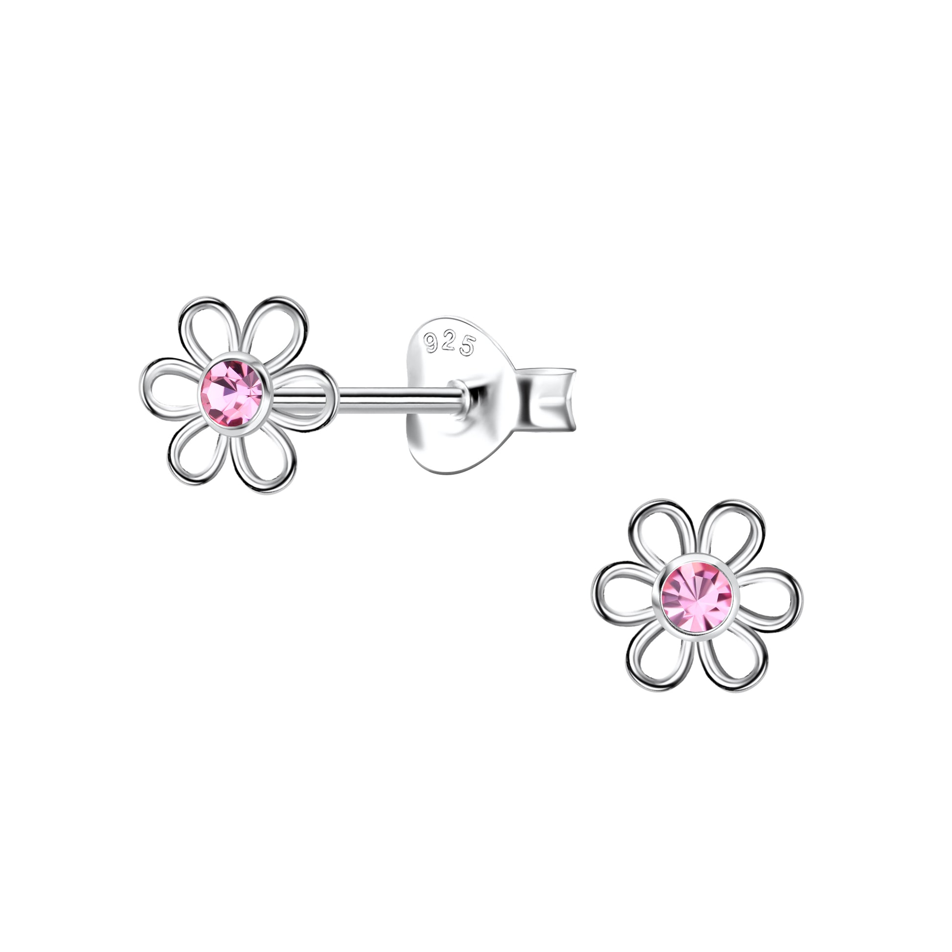 Melchior Jewellery pink crystal stud earrings for girls shaped like silver flower petals