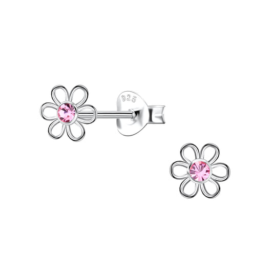 Melchior Jewellery pink crystal stud earrings for girls shaped like silver flower petals