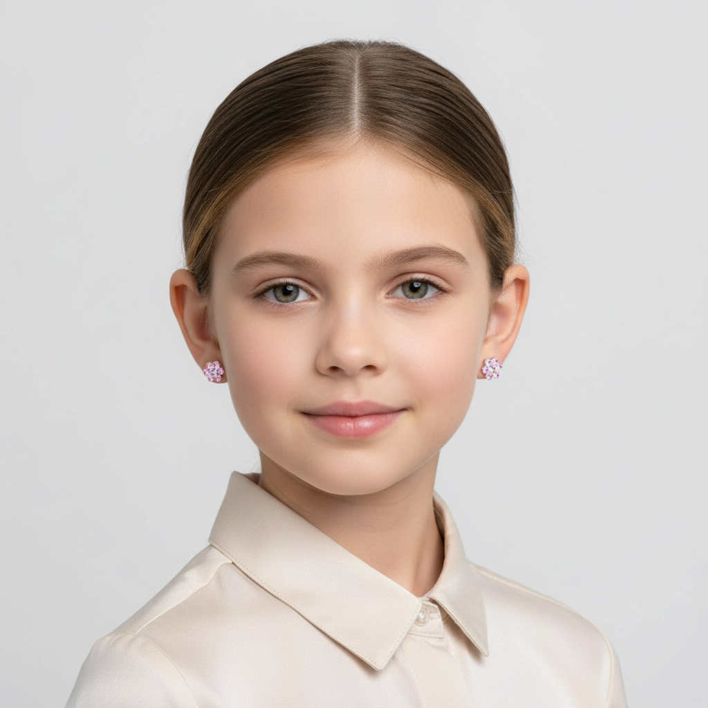 Pink flower screw back earrings for girls worn by a young girl with a cream shirt