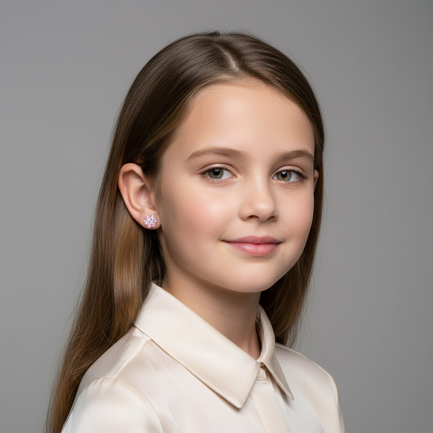 Melchior Jewellery pink flower screw back earrings for girls worn by young girl with long hair
