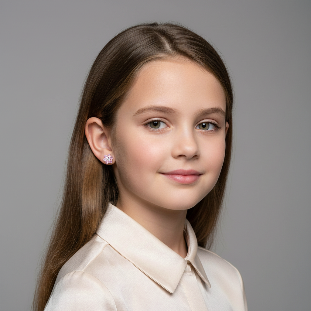 Melchior Jewellery pink flower screw back earrings for girls worn by young girl with long hair