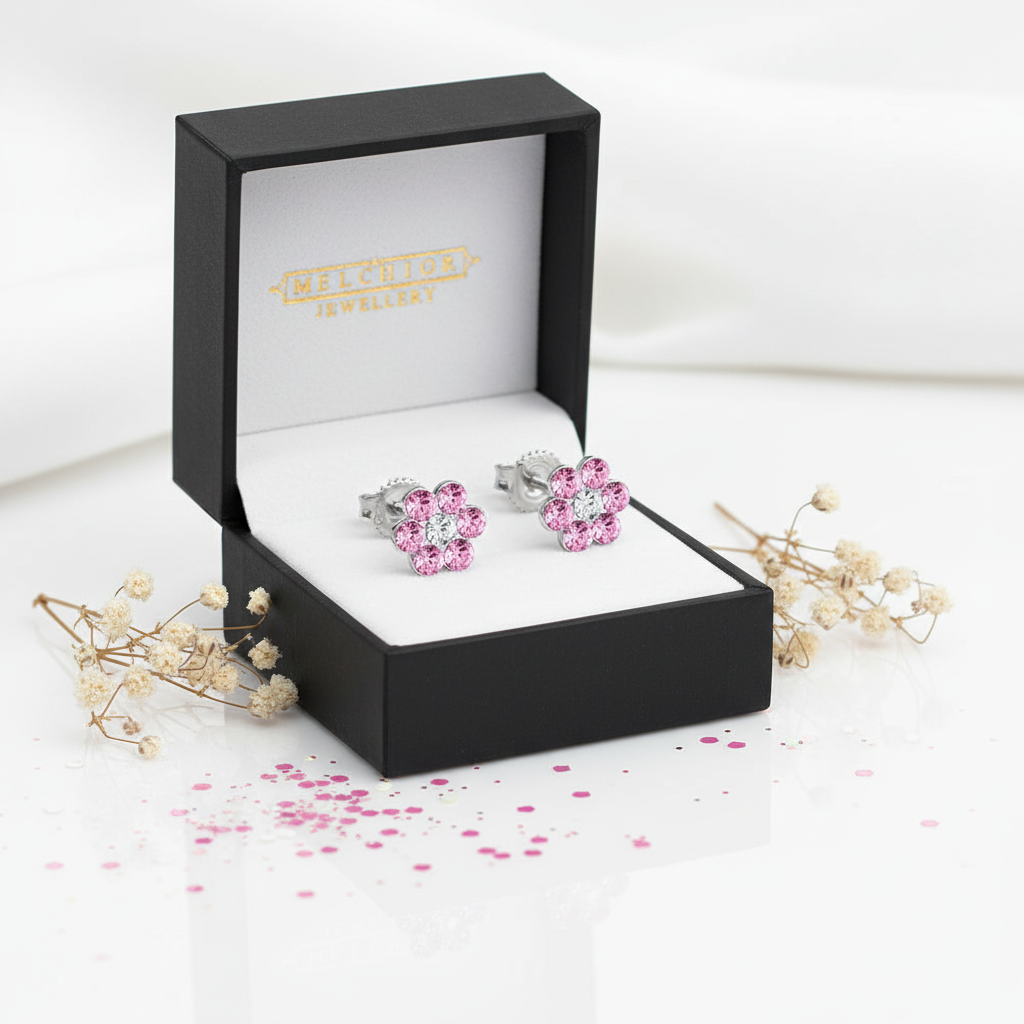 Pink flower screw back earrings for girls displayed in black Melchior Jewellery box with delicate decorative flowers