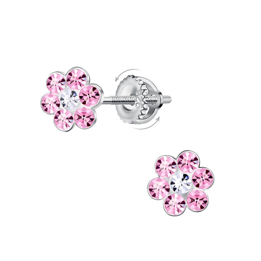 Pink flower screw back earrings for girls by Melchior Jewellery with sparkling crystal petals