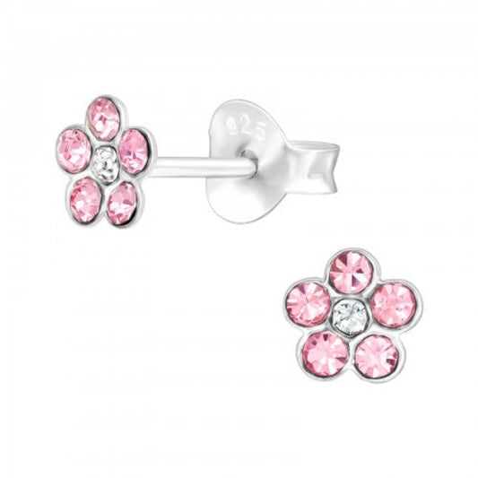Melchior Jewellery pink flower stud earrings for girls with silver setting and pink crystals