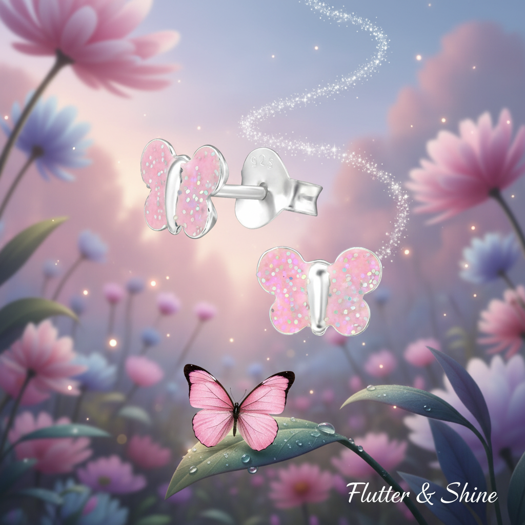 Pink glitter butterfly stud earrings for kids by Melchior Jewellery with a floral background