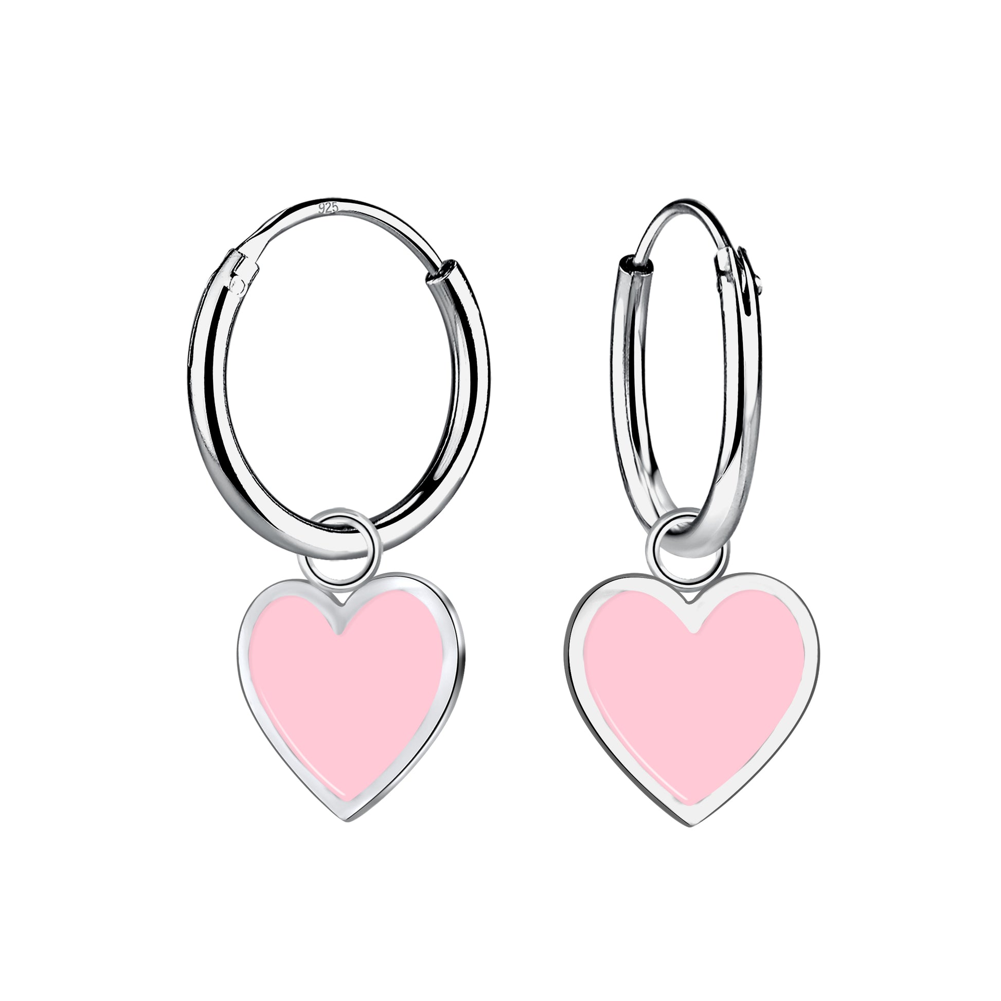 Melchior Jewellery pink heart charm hoop earrings for kids in silver with light pink enamel hearts