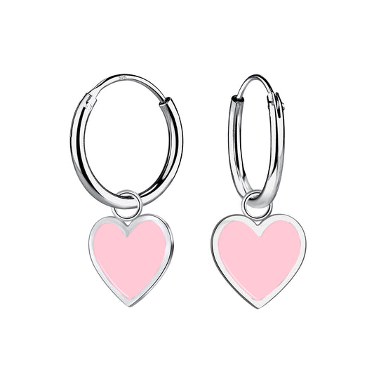 Melchior Jewellery pink heart charm hoop earrings for kids in silver with light pink enamel hearts