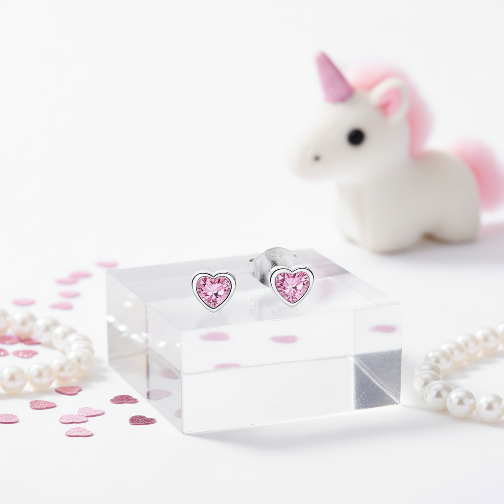 Pink heart earrings for girls by Melchior Jewellery displayed on clear block with unicorn toy and pearl bracelet