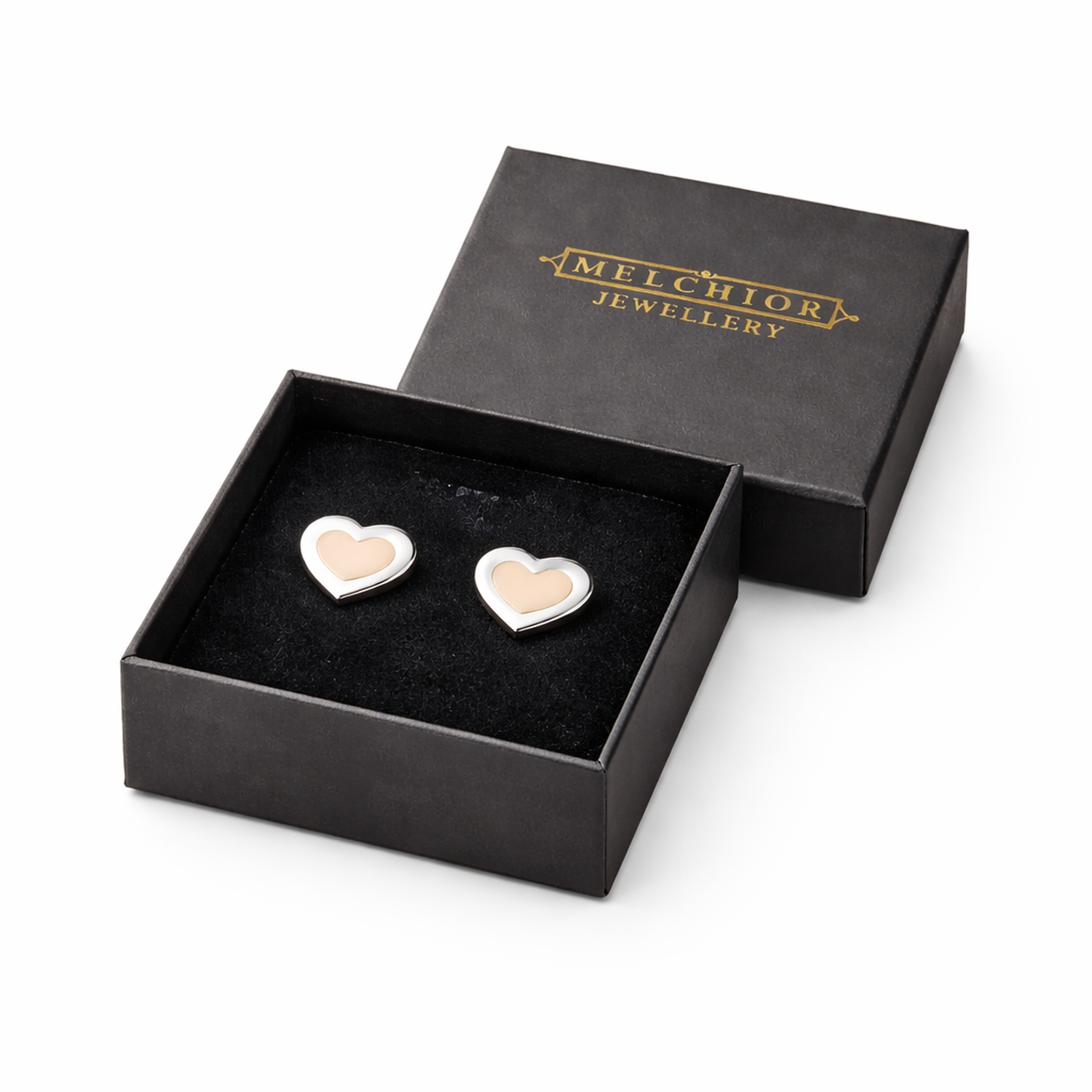 Melchior Jewellery pink heart stud earrings for girls in black presentation box