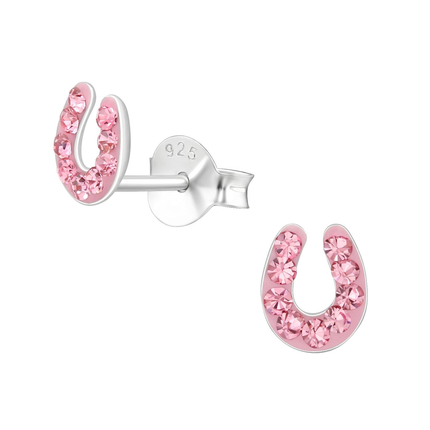 Melchior Jewellery pink horseshoe stud earrings for kids with silver setting and pink crystals