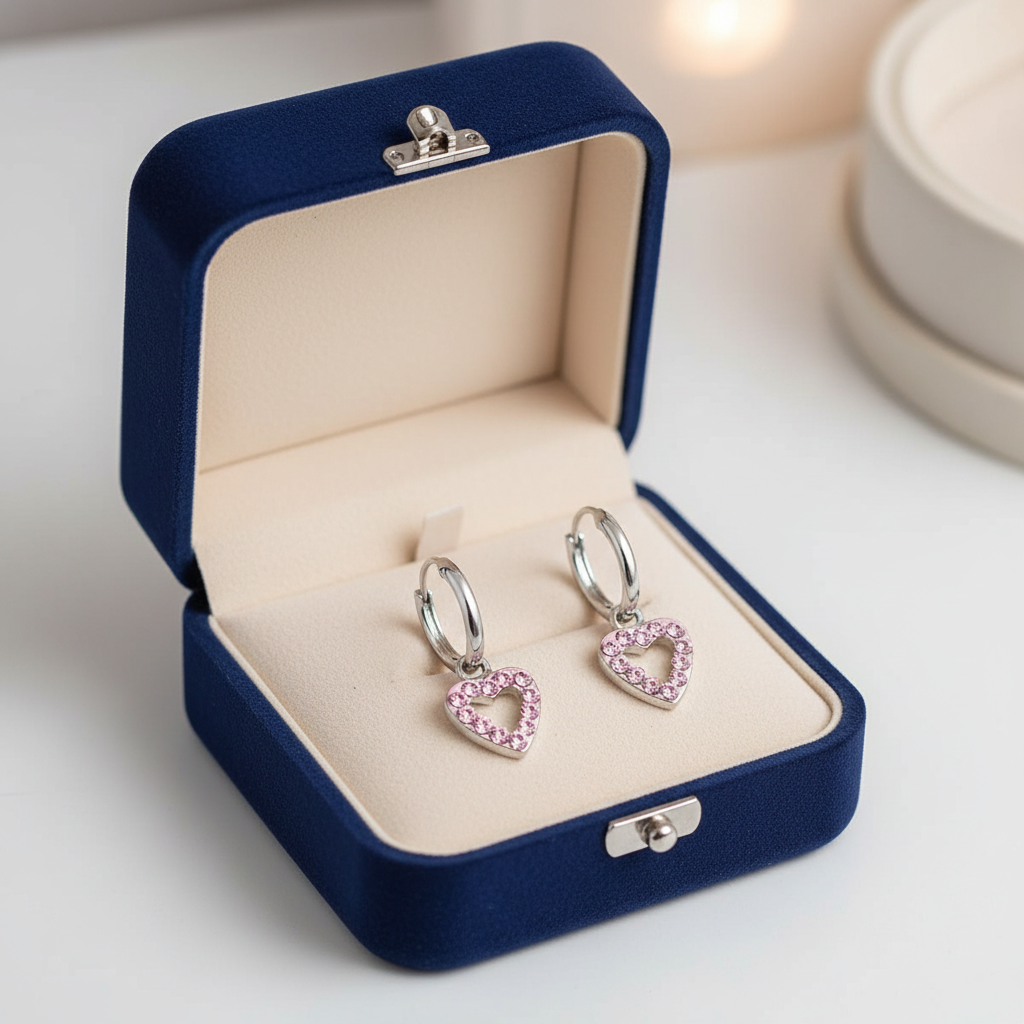 Pink open heart hoop earrings for girls displayed in a navy blue velvet jewellery box by Melchior Jewellery