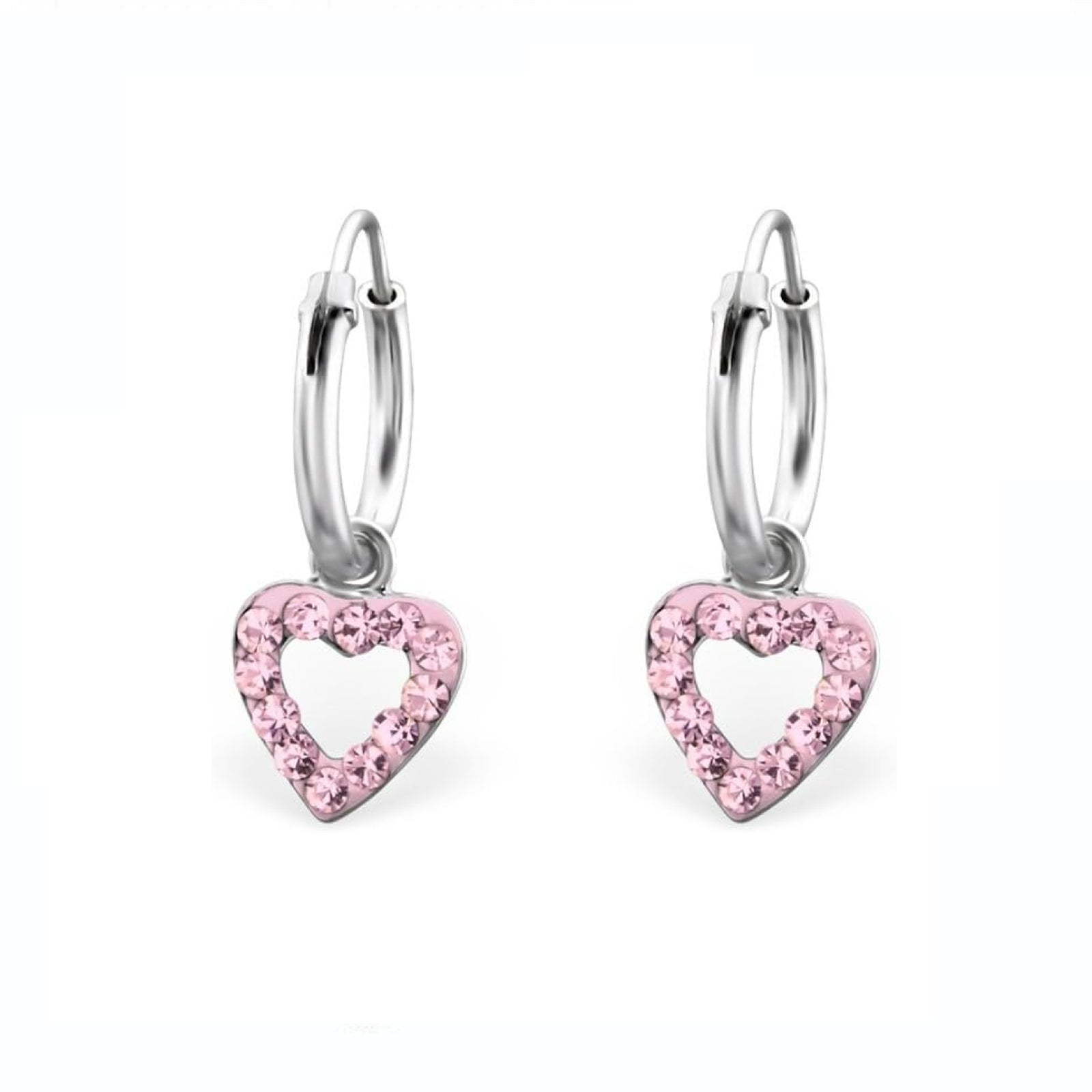 Melchior Jewellery pink open heart hoop earrings for girls with silver hoops and pink crystals