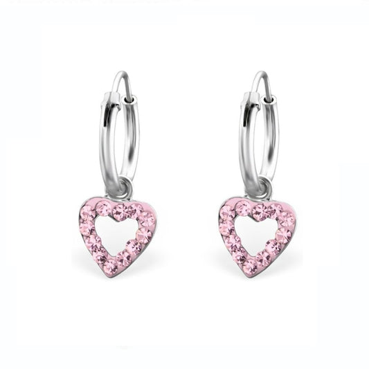 Melchior Jewellery pink open heart hoop earrings for girls with silver hoops and pink crystals
