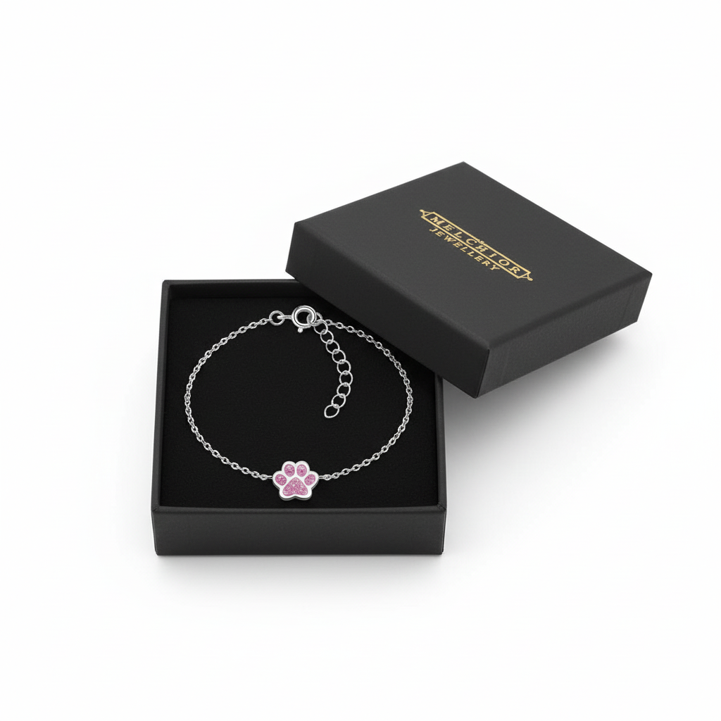 Melchior Jewellery pink paw print bracelet for kids in silver chain with adjustable clasp in gift box