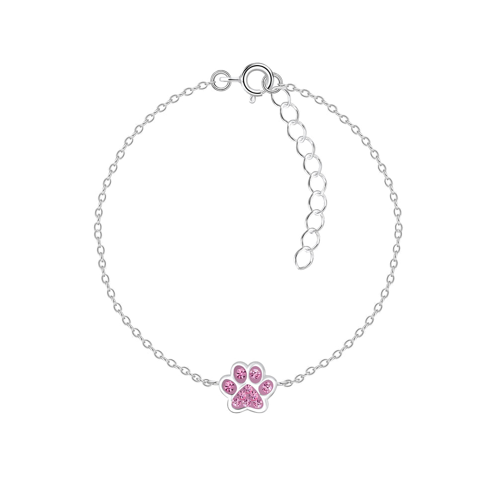 Melchior Jewellery pink paw print bracelet for kids with silver chain and pink gemstone detail