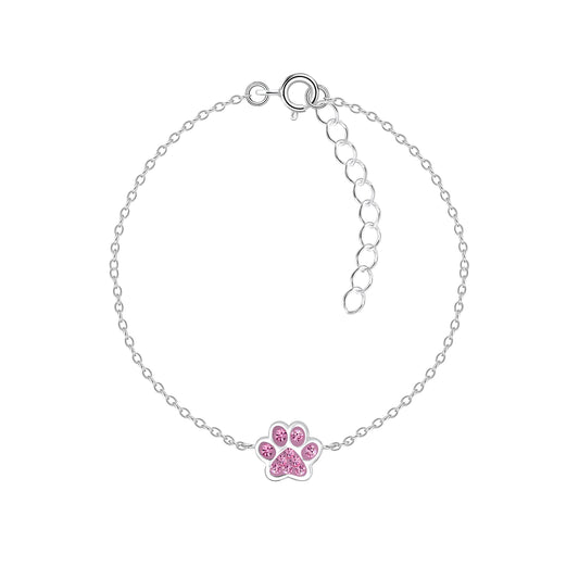 Melchior Jewellery pink paw print bracelet for kids with silver chain and pink gemstone detail