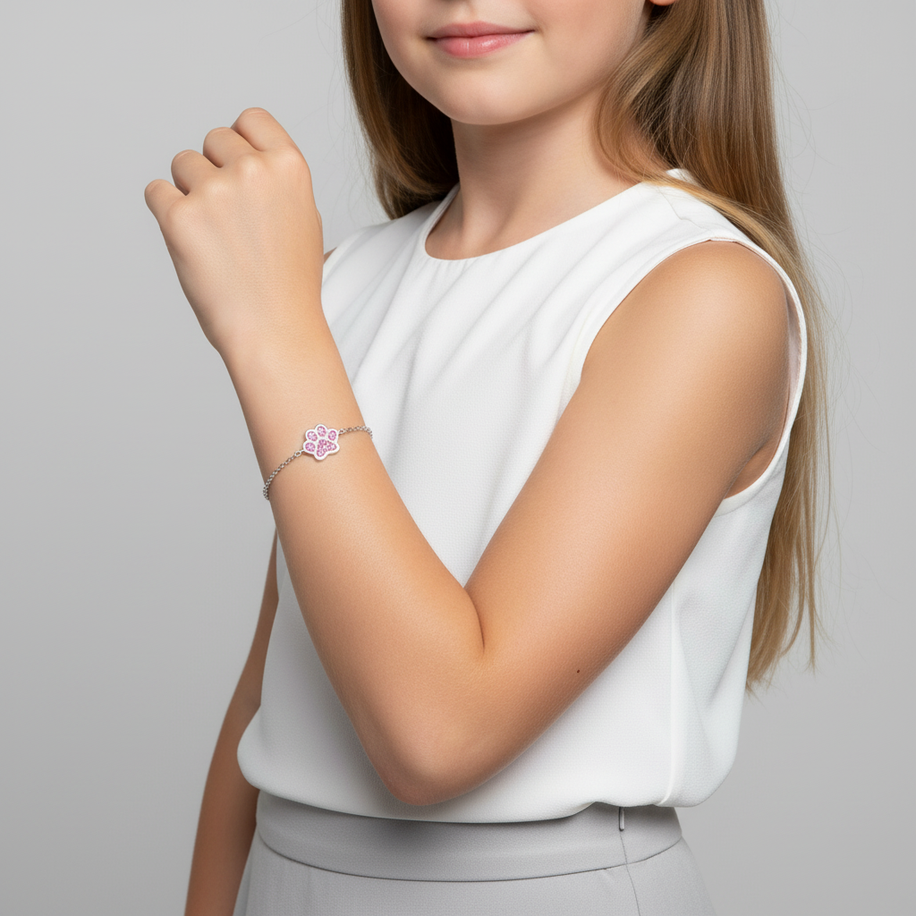 Child wearing Melchior Jewellery pink paw print bracelet for kids on wrist with white top and grey skirt