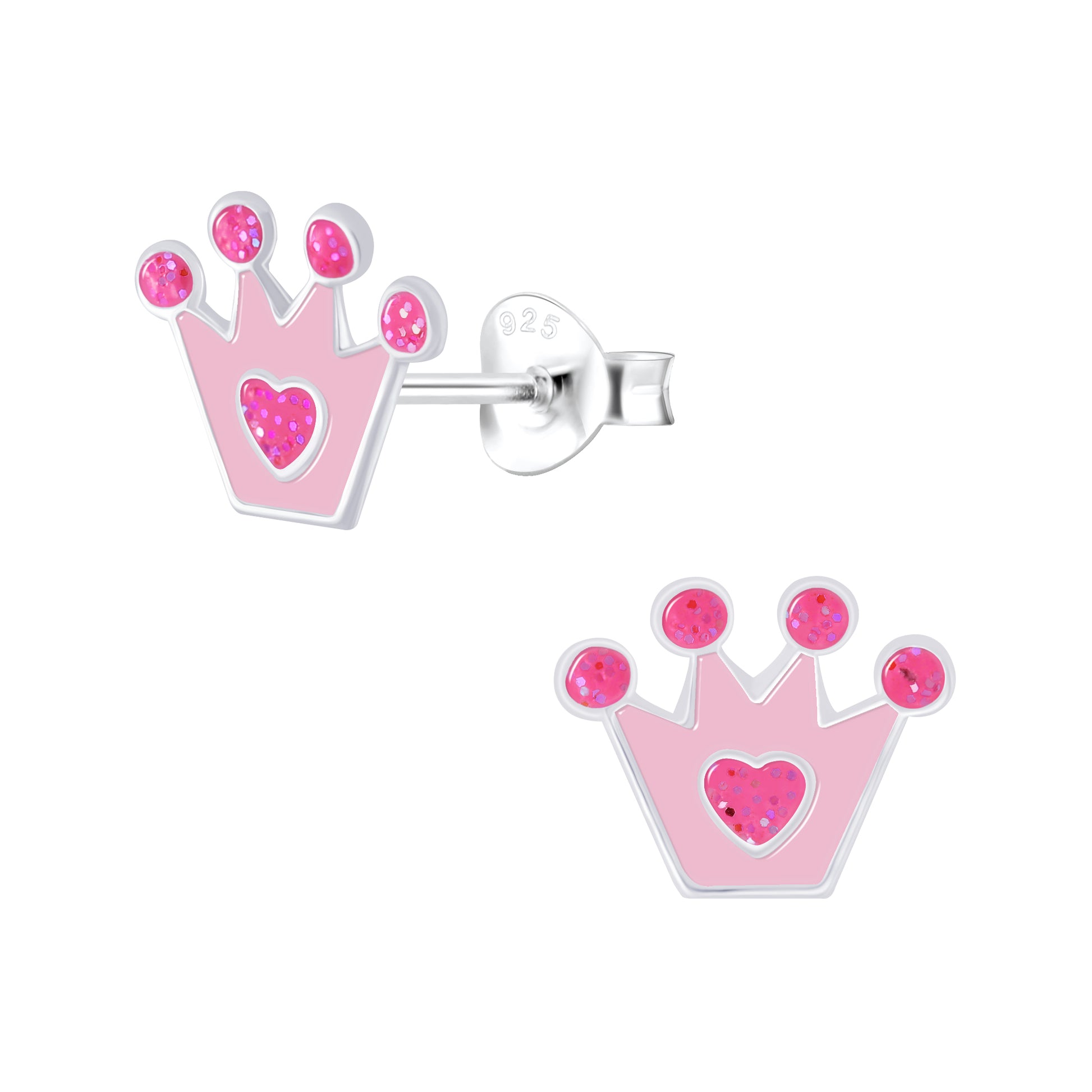 Melchior Jewellery pink princess crown stud earrings for kids with heart detail and silver finish
