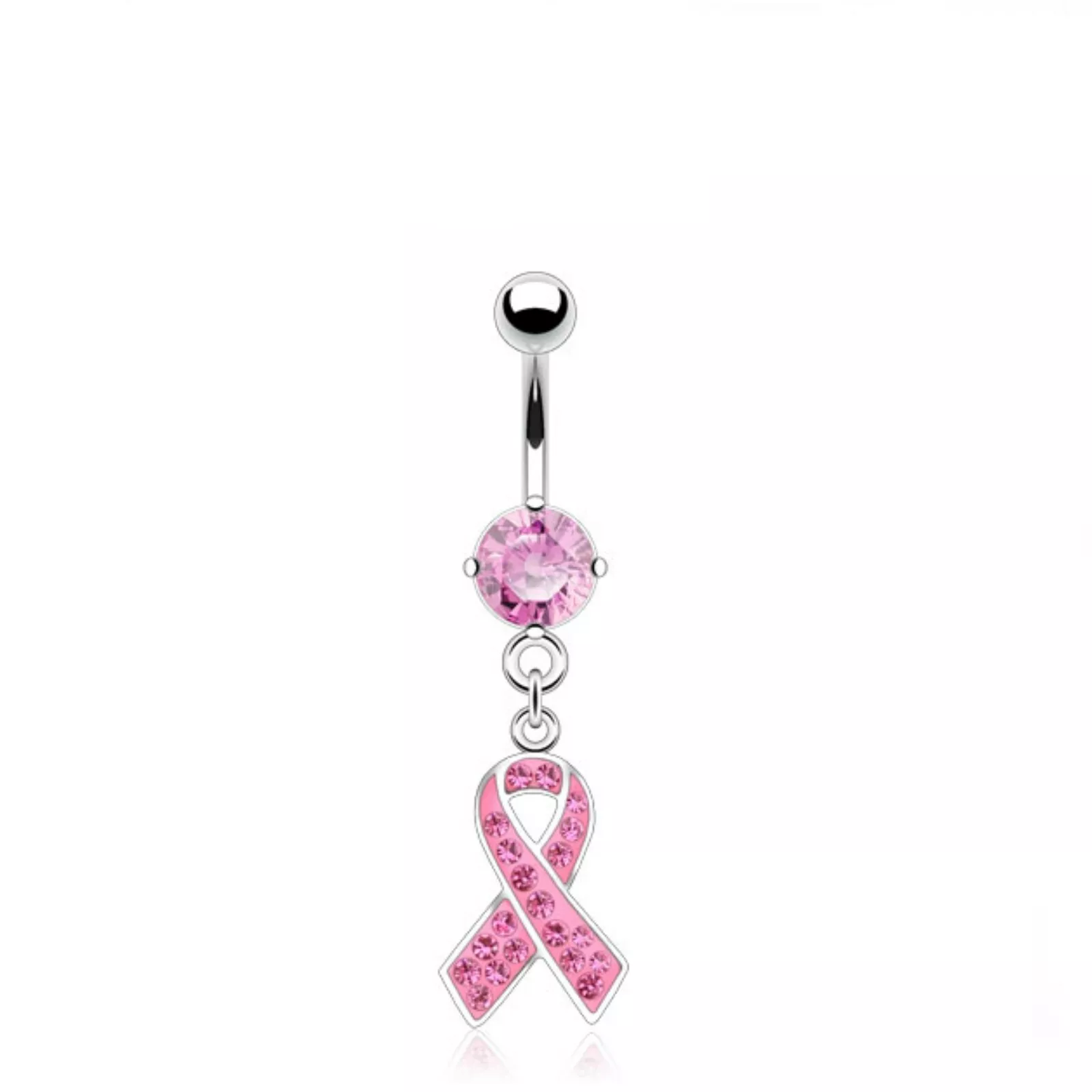 Melchior Jewellery pink ribbon belly bar with silver bar and pink crystal charm for body jewellery