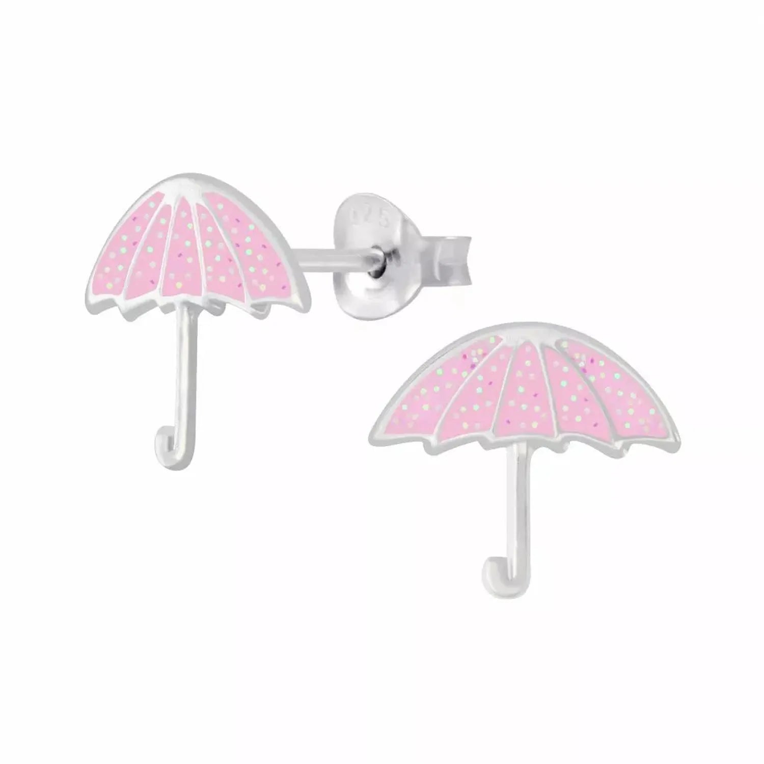 Melchior Jewellery pink umbrella stud earrings for kids with silver detailing and pastel pink enamel