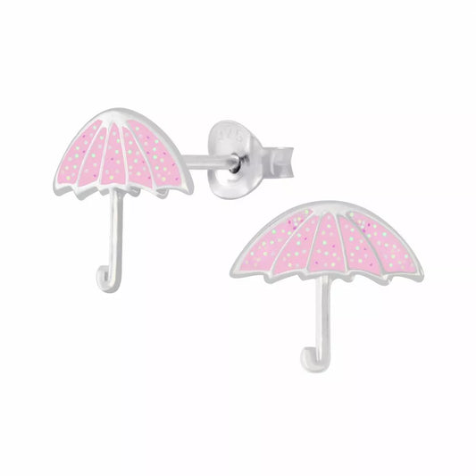 Melchior Jewellery pink umbrella stud earrings for kids with silver detailing and pastel pink enamel