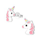 Pink unicorn stud earrings for children by Melchior Jewellery featuring cute silver and pink enamel design