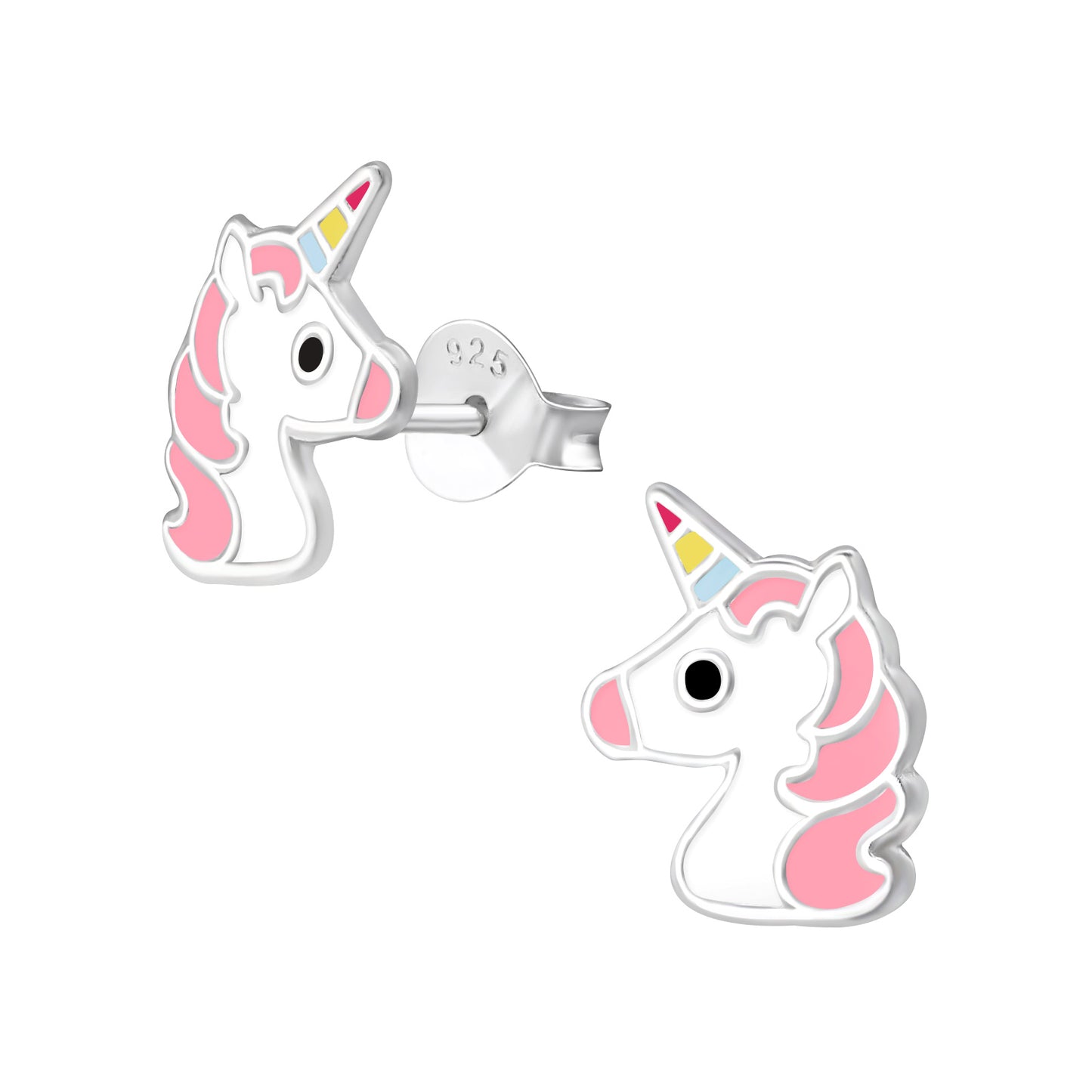 Pink unicorn stud earrings for children by Melchior Jewellery featuring cute silver and pink enamel design