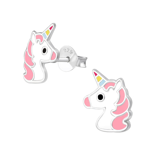 Pink unicorn stud earrings for children by Melchior Jewellery featuring cute silver and pink enamel design
