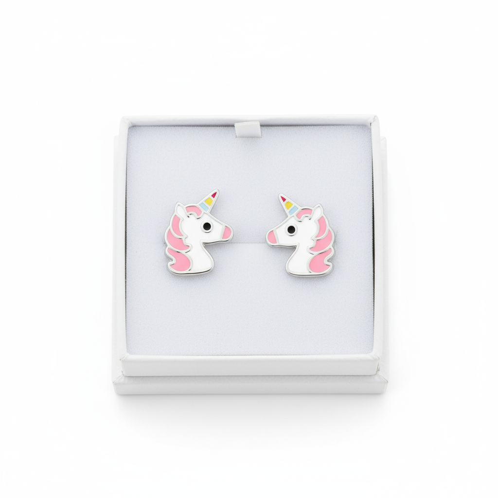 Melchior Jewellery pink unicorn stud earrings for children in white display box